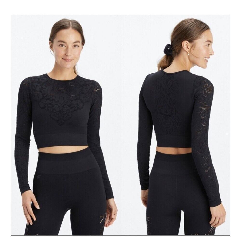 Fabletics Women's LARGE Flora Seamless Long Sleeve Top Black Breathable NWT